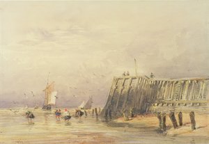 Zeegezicht met zeilende schuiten en figuren wadend aan de kust, 1832